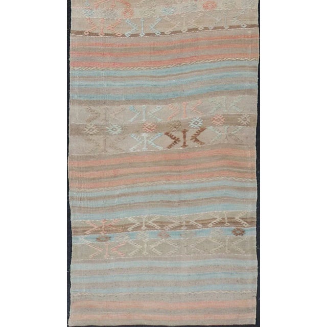 Mid 20th Century Geometric Stripe Vintage Turkish Kilim Flat-Weave Runner in Tan and Coral Color For Sale - Image 12 of 12