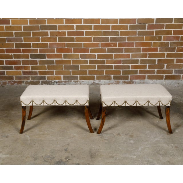 19th Century Pair of English Regency Mahogany Stools with Saber Legs and Custom Upholstery For Sale - Image 11 of 11