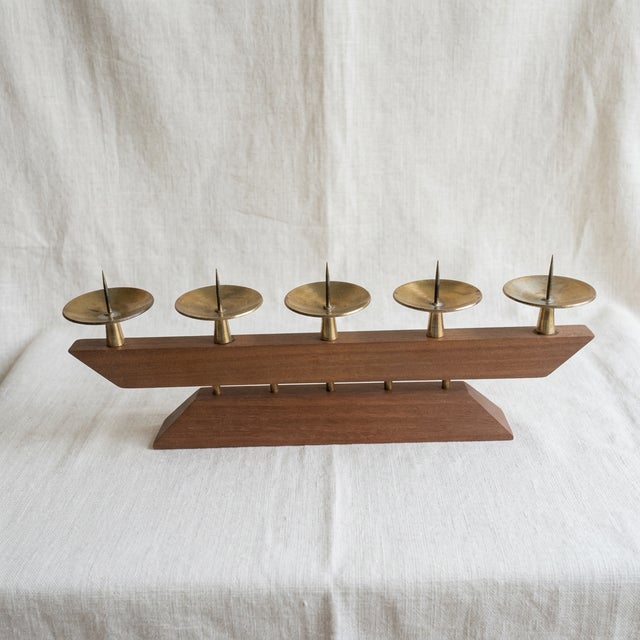 1960s Vintage Scandinavian Modernist Art Deco Candlestick in Teak Wood and Brass, 1960s For Sale - Image 5 of 6