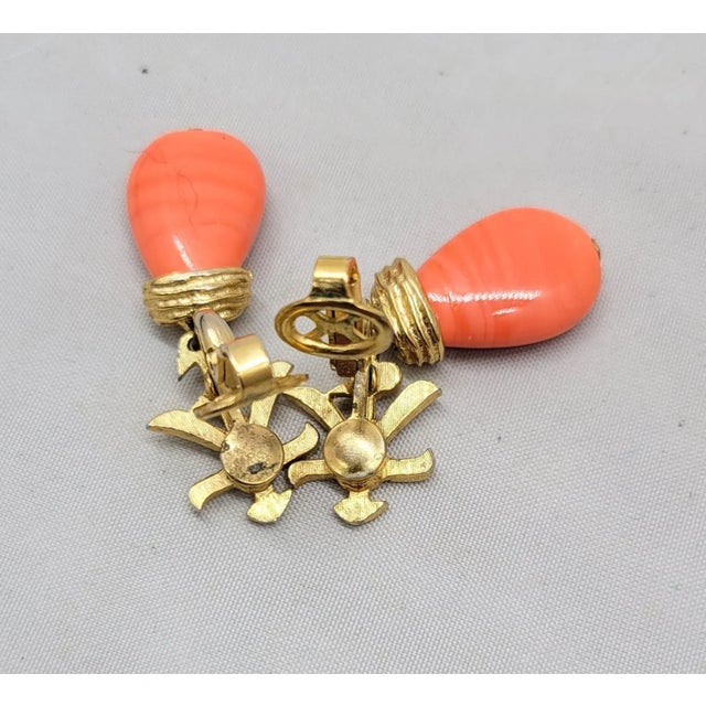 Mid-Century Modern Vintage 1960s Signed Trifari Asian Style Faux-Coral Drop Clip Earrings- 2 Pieces For Sale - Image 3 of 9