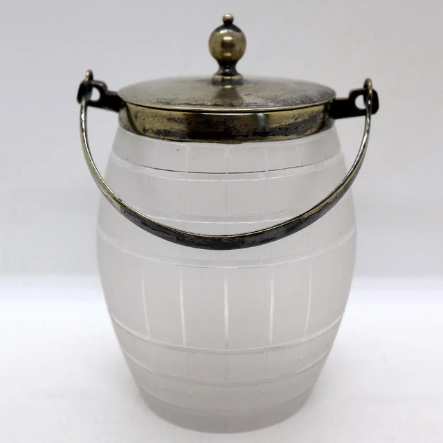 Metal Early 20th Century English Silverplate Mounted Frosted Glass Biscuit Barrel For Sale - Image 7 of 10
