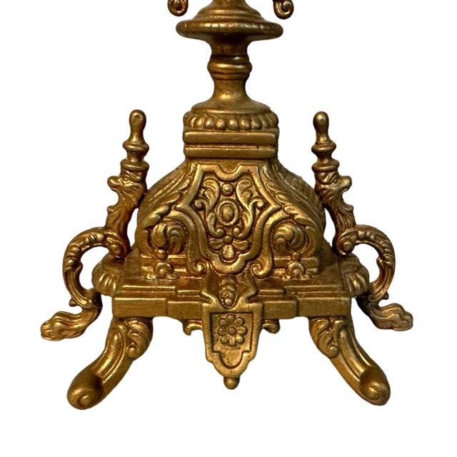 Pair of Vintage Italian Baroque Brass Brevattato 6 Light Candelabra W/Crystals & Snuffers For Sale - Image 6 of 6