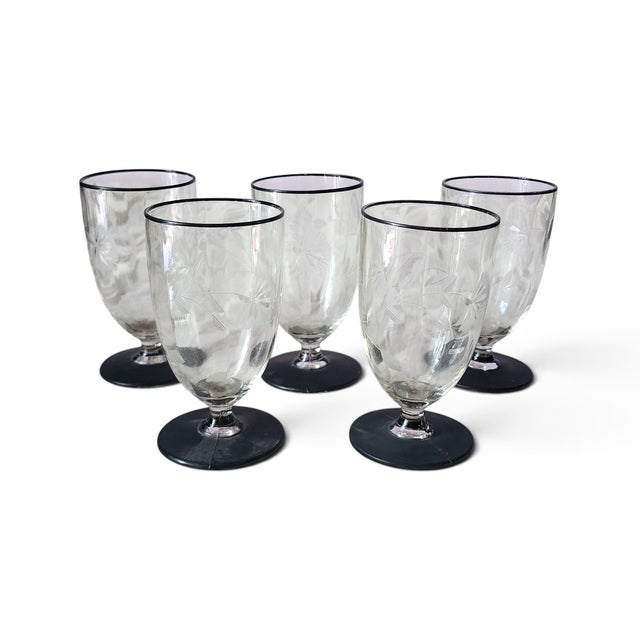Black Set 5 Vintage Black Footed & Rimmed Etched Crystal Glass Stemware Juice Glasses. 1930s For Sale - Image 8 of 8