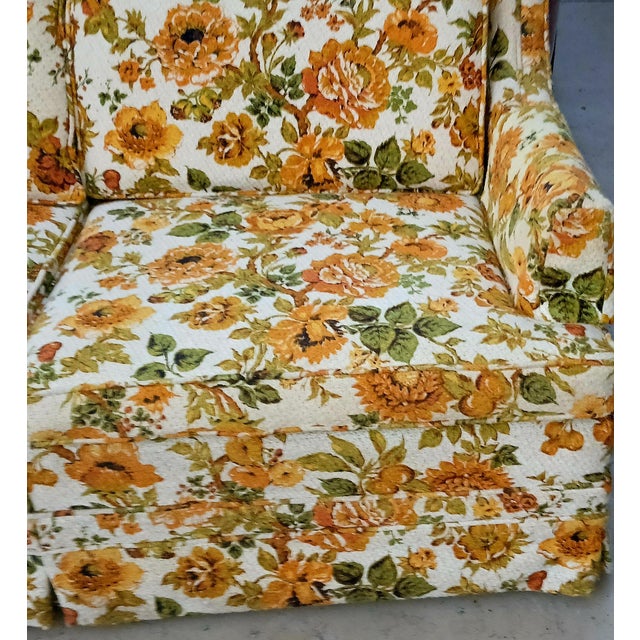 Orange Vintage 1970s Orange / Yellow Floral Textured Skirted Sofa Couch For Sale - Image 8 of 11