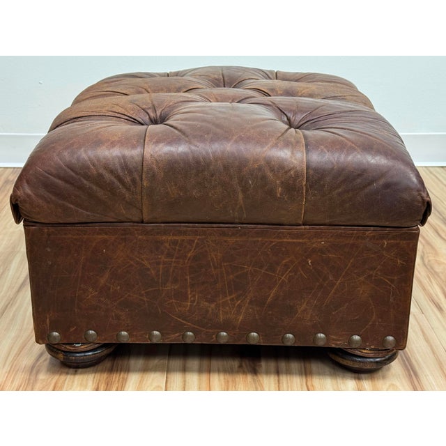 Vintage Restoration Hardware Leather Churchill Cigar Chair and Ottoman With Nailheads For Sale - Image 17 of 18