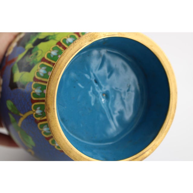 Blue VTG Chinese Cloisonne Vase Cobalt Blue Bird Peony Floral Chinoiserie, 10.25” T For Sale - Image 8 of 10