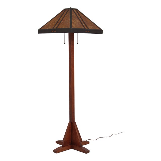 1990s Mica Lamp Co 2 Light Mission Oak Floor Lamp For Sale