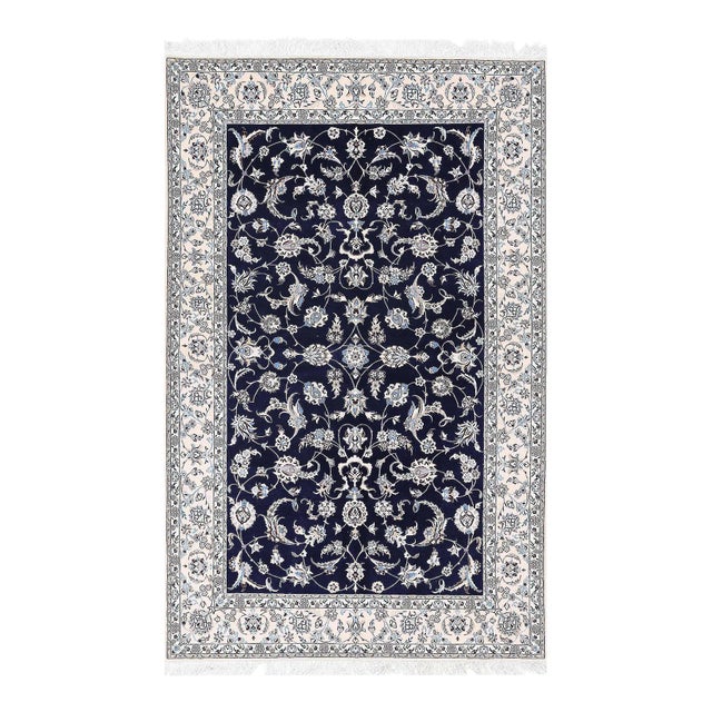 Navy Blue Fine Hand Knotted Persian Silk & Wool For Sale