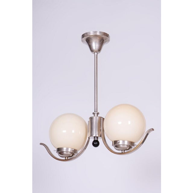 Bauhaus Chandelier in Chromed Steel and Opal Glass, Czech, 1930s For Sale - Image 6 of 9