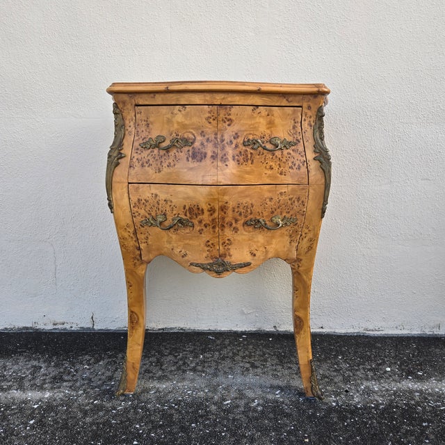 Vintage Birdseye Maple Veneer Bombe Two Drawer Chest of Drawers, Pair For Sale - Image 12 of 18