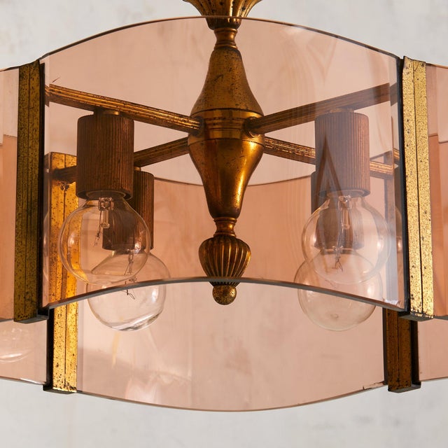 Modern 1970s Italian Brass + Curved Amber Smoked Glass Pendant Light For Sale - Image 3 of 8