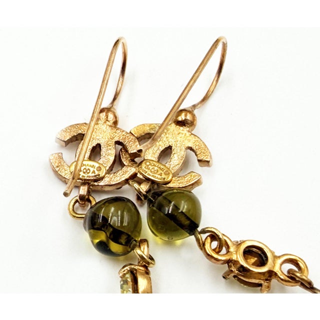Metal Chanel Vintage Gold Plated CC Golden Brown Gemstone Tear Drop Long Earrings, A Pair For Sale - Image 7 of 7