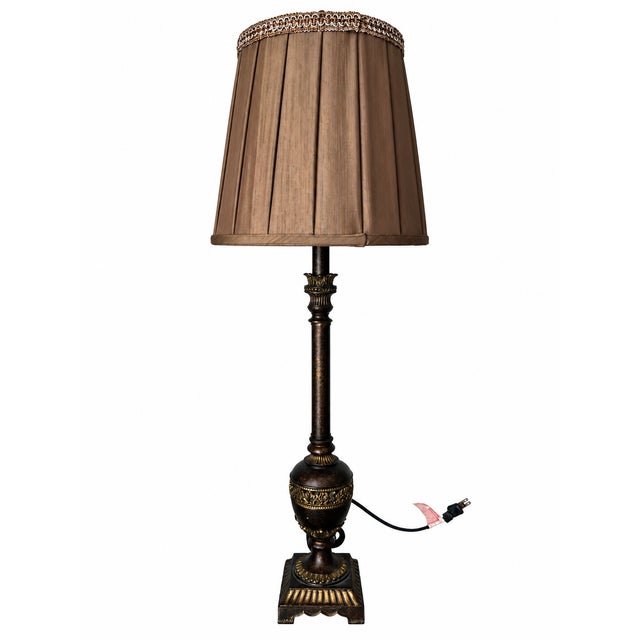 Neoclassical Bronze-Tone Urn and Column Buffet Lamp With Pleated Brown Shade For Sale In Las Vegas - Image 6 of 8