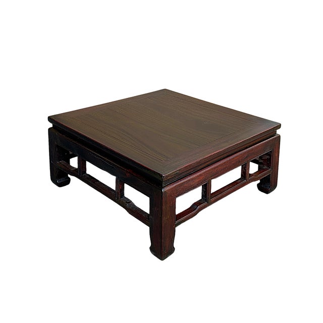 Wood Reddish Brown Stain Square Ming Style Kang Low Coffee Table Stand For Sale - Image 7 of 8