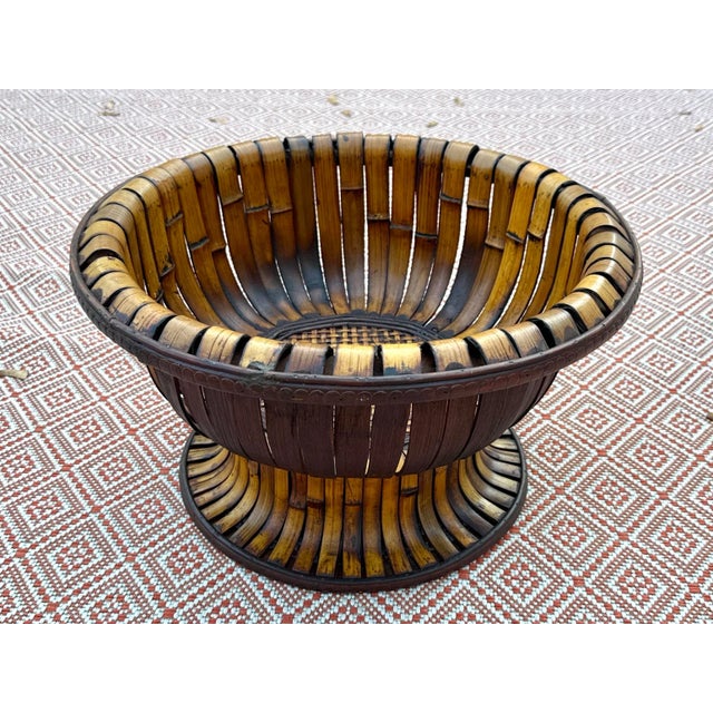 Arthur Court Bamboo and Rattan Hand Woven Basket / Pedestal Centerpiece For Sale - Image 4 of 11