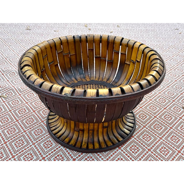 Vintage Bamboo and Rattan Woven Pedestal Basket - 2 Available For Sale - Image 4 of 10