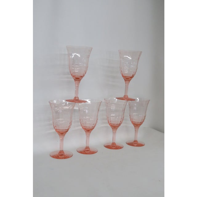 Glass Early 20th Century Pink Stem Depression Glass Ribbed Glassware Wine Water Drink Goblets 4752b - 6pc For Sale - Image 7 of 15