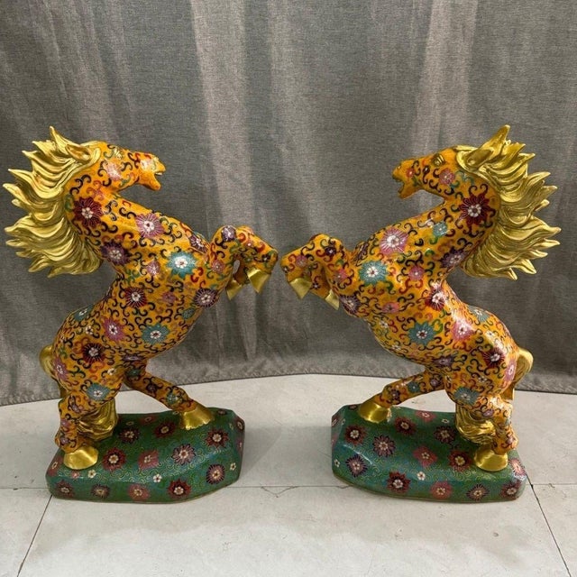 Yellow Monumental Pair of Vintage Cloisonné Enamel Rearing Horses For Sale - Image 8 of 9