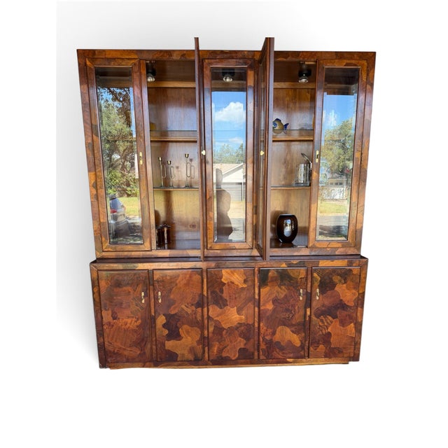 American of Martinsville 1970s American of Martinsville Credenza and China Cabinet Hutch Patchwood Olive Wood ' Camo' Cabinet For Sale - Image 4 of 14