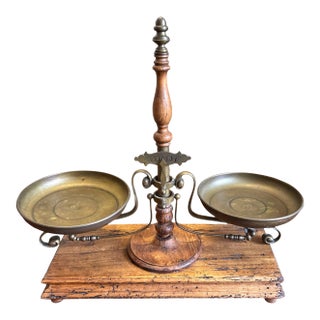Late 20th Century Vintage Italian Brass & Wood Balance Scale For Sale