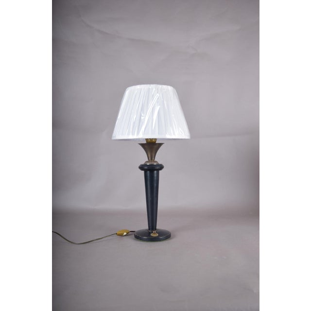 Blue Navy Blue Leather and Brass Table Lamp with Pleated Shade, 1950s For Sale - Image 8 of 18