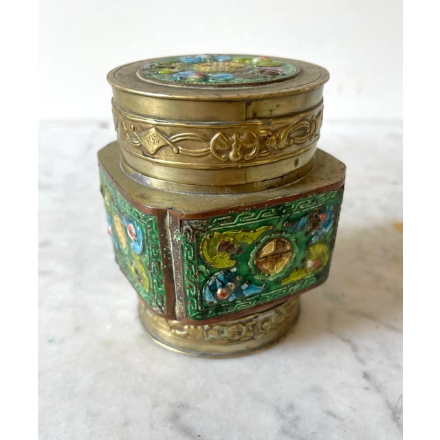 Early 20th Century Antique Chinese Brass and Enamel Tea Canister For Sale - Image 5 of 7