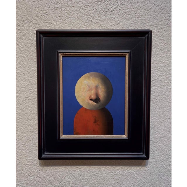 In "Goodbye Children," a stylized figure emerges against a vivid blue background, its oversized, smooth head presenting a...