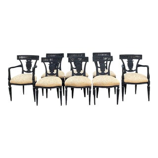 French Louis XIV Style Carved Wood Bow & Medallion Painted Dining Chairs - S/8 For Sale
