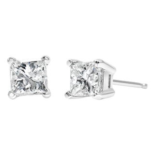 AGS Certified 14K White Gold 3/8 Cttw 4-Prong Set Princess-Cut Solitaire Diamond Push Back Stud Earr For Sale