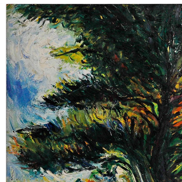 Vintage expressionist painting Study of a Fir Tree.. The canvas is defined by a dense, swirling application of paint that...