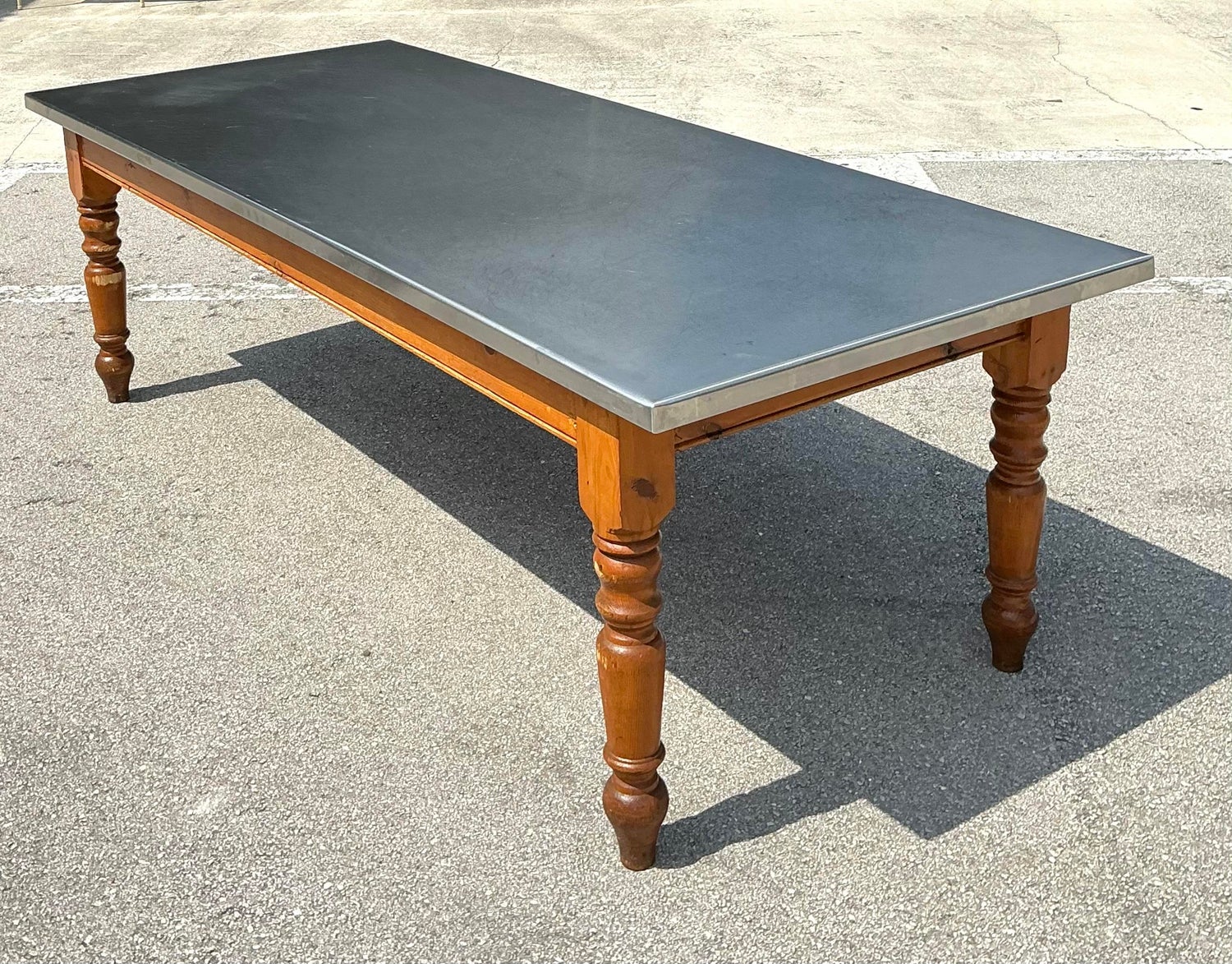 Vintage Plank Farm Table With Custom Stainless Steel Top - Detail view