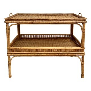 Vintage Bamboo, Rattan & Wicker Two-Tier Console Display Table With Tray Top For Sale