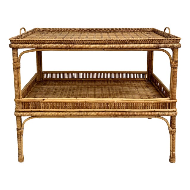 Vintage Bamboo, Rattan & Wicker Two-Tier Console Display Table With Tray Top For Sale