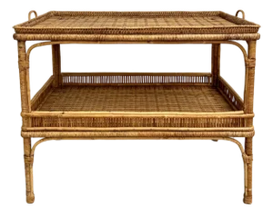 Vintage Bamboo, Rattan & Wicker Two-Tier Console Display Table With Tray Top