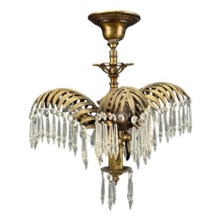 Maison Jansen Style, Palm Leaf Chandelier, Gilt Bronze, Crystal, France, 1940s For Sale