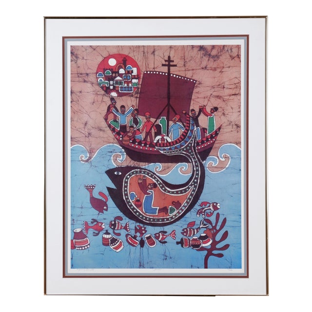 1991 Amos Amit "Jonah and the Whale" Limited Edition Batik 113/350 Artist Signed For Sale