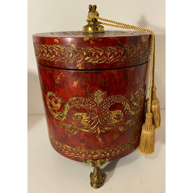 Postmodern Monumental 14" Graduated Trio of Maitland-Smith Tessellated Stone Canisters - Imperial Red & Gold Leaf For Sale - Image 3 of 18