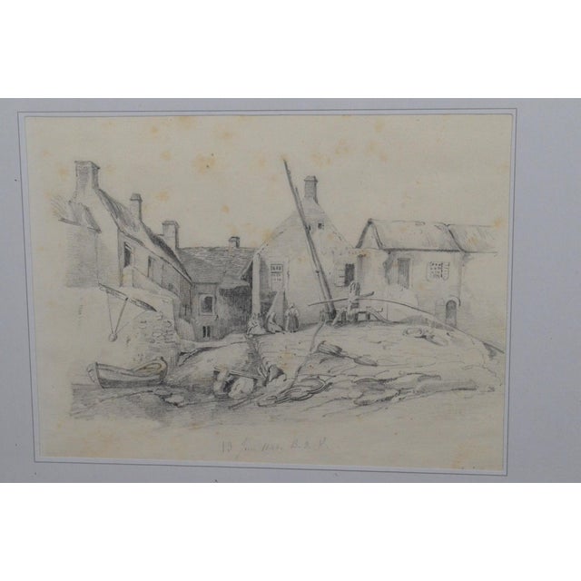 Charming and finely observed French School pencil drawing depicting a small coastal village and fishing scene, dated June...