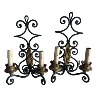 Wrought Iron Wall Sconces with Gilt Leaf Motifs, Set of 2 For Sale