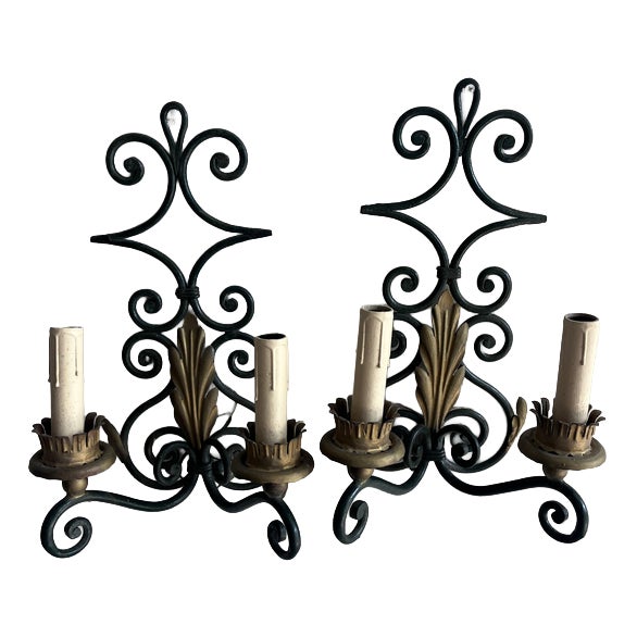 Wrought Iron Wall Sconces with Gilt Leaf Motifs, Set of 2 For Sale