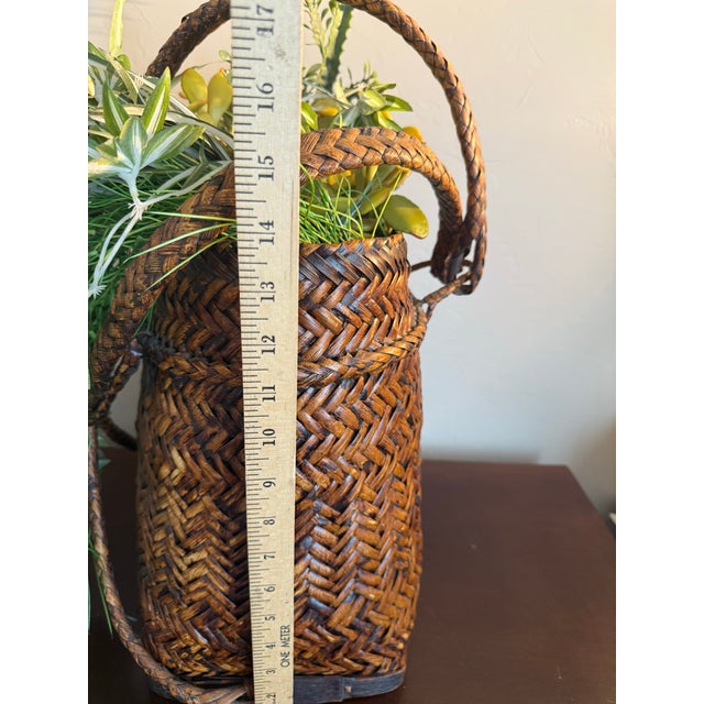 Vintage Asian Woven Rattan Bamboo Rice Traditional Harvest Basket Wicker Backpack For Sale - Image 4 of 11