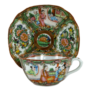 19th Century Chinese Porcelain Rose Medallion Cup and Saucer Set- 2 Pieces