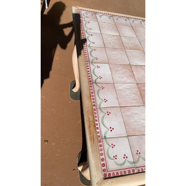 1980s Shabby Chic Wooden Spanish / Italian Style Tile Top Dining Table Pink Trim W/ Floral Center For Sale - Image 12 of 18