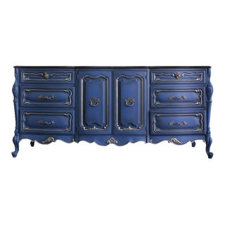 Mid 20th Century Vintage French Provincial Blue Dresser With Walnut Stained Top For Sale