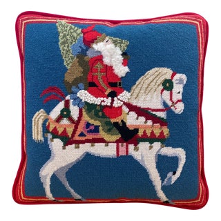 Late 20th Century Santa Horse Christmas Needlepoint Pillow For Sale