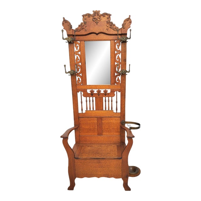 Antique American Oak Hall Seat / Hall Tree With Hooks, Mirror