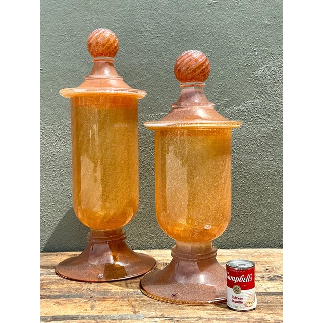 Mid 20th Century Vintage Murano Vietri Amber Glass Apothecary Jars - Pair For Sale - Image 5 of 12