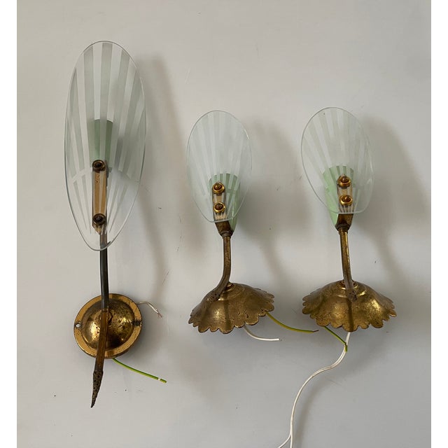 Italian Brass Glass Sconces Set of 3 1950s Set of 3 Sconces composed of 2 smaller identical sconces and one large sconce...