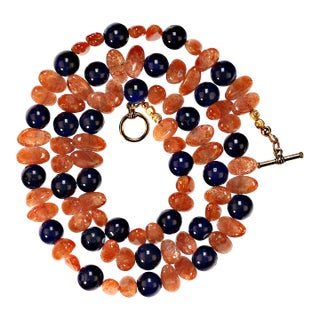 Necklace of Oval Sunstone and Blue Agate For Sale
