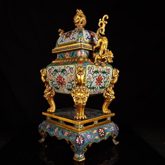 Late 20th Century Late 20th Century Pair of Gilt Bronze Cloisonné Enamel Incense Burners With Stands For Sale - Image 5 of 10